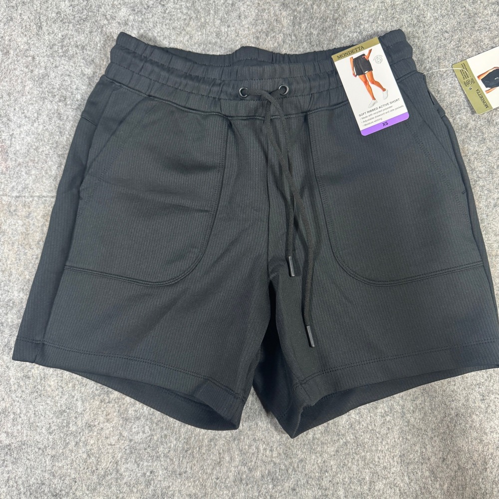 Mondetta Black Soft Ribbed Active Shorts XS Drawstring Pockets 1754981